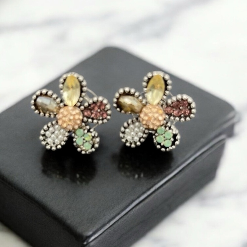 Rhinestone Flower Post Earrings Colorful Faux Gemstone Costume Jewelry